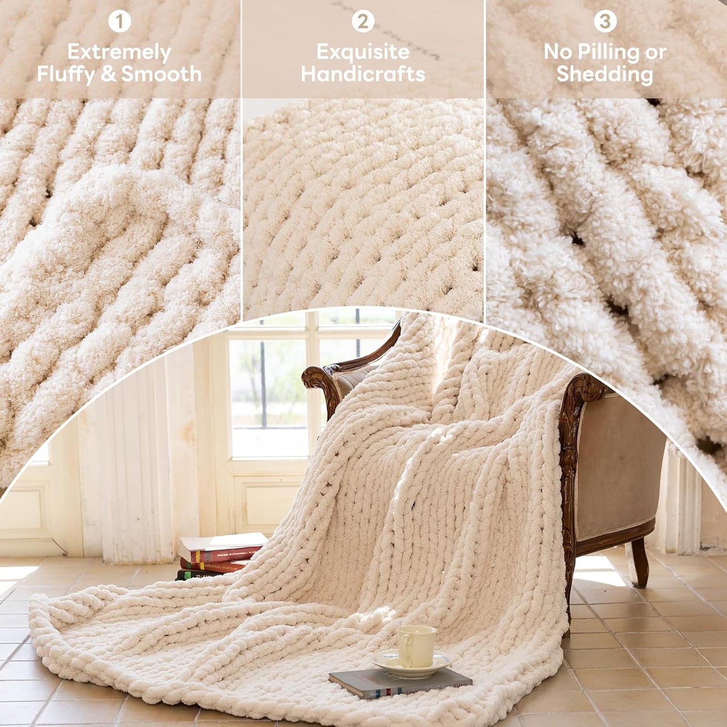 Chunky Knit Blanket - Luxury Soft Cozy 61 * 79 Bold Throw Blanket,100% Woven Blanket Rope Knot Throw Blanket for Couch, Sofa, Home Decor, Gift - Machine Washable(Cream)