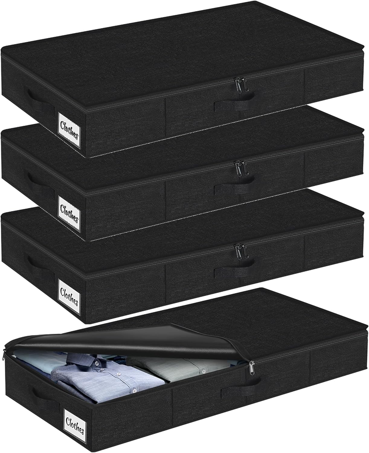 Under Bed Storage Container Bin 4 Pack, 4.5 Inch Slim Low Profile Underbed Clothes Storage Organizer for Dorm & Home, Use for Blanket and Toy Storage Box W/ Sturdy Bottom/Sides, Foldable Thick Fabric