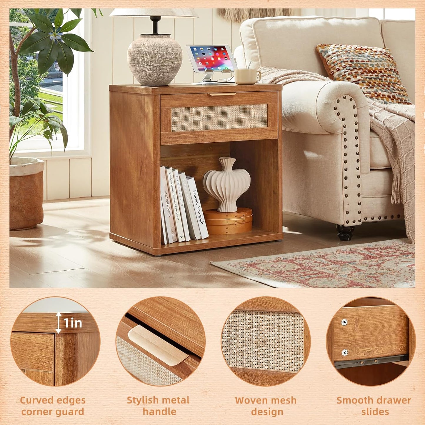 LEYAOYAO Boho Rattan Coffee Table Sets 2 Pieces, Nightstand with Charging Station and Coffee Table with Hidden Storage Compartment, Brown Living Room Table Set, Wood Furniture Sets for Home Office