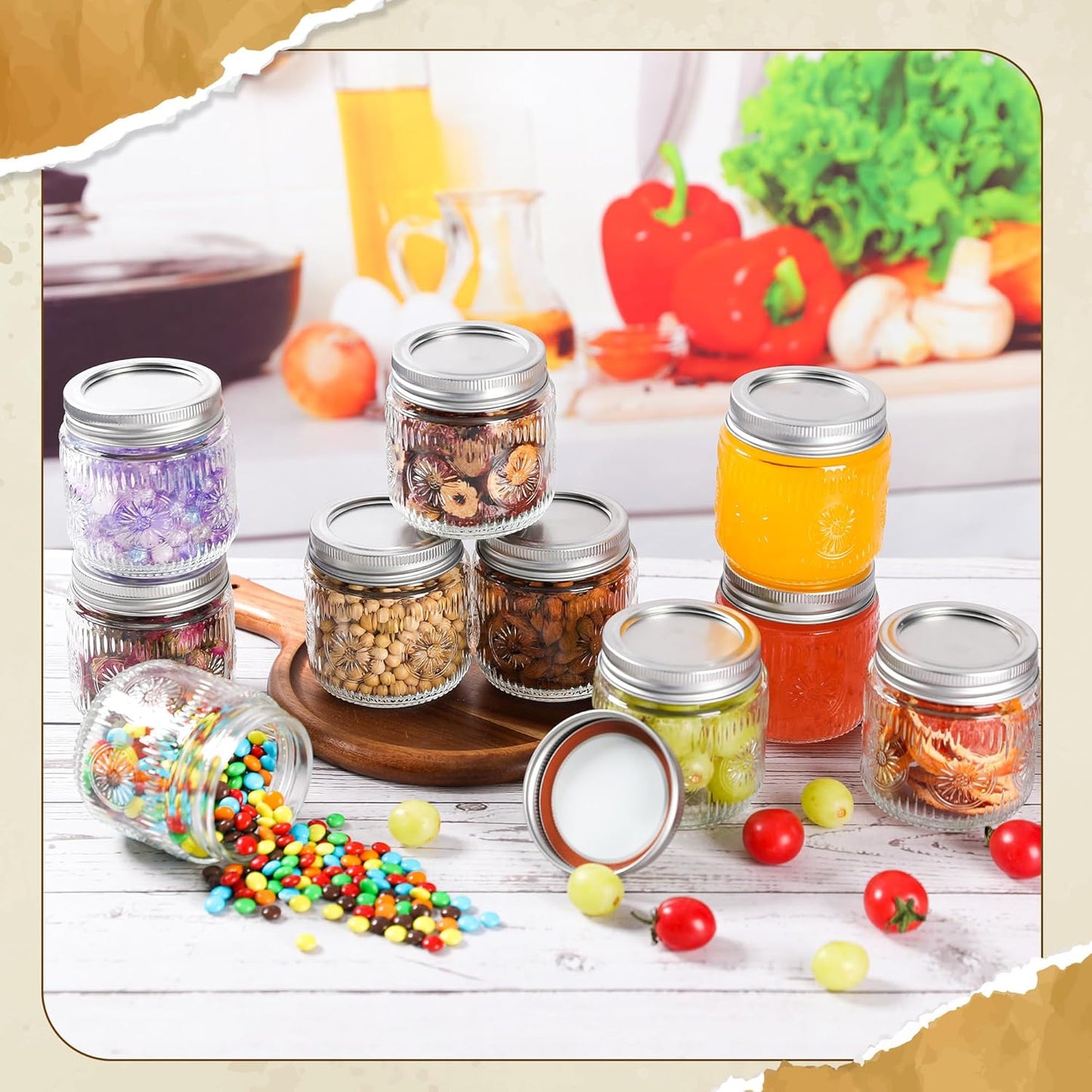 Mason Jars 8 oz - Vintage Small Glass Mason Jars with Silver Metal Lids, Regular Mouth Canning Jars, Safe For Storage, Canning, Pickling, Preserving, Fermenting, DIY Crafts & Decor (24Pack)