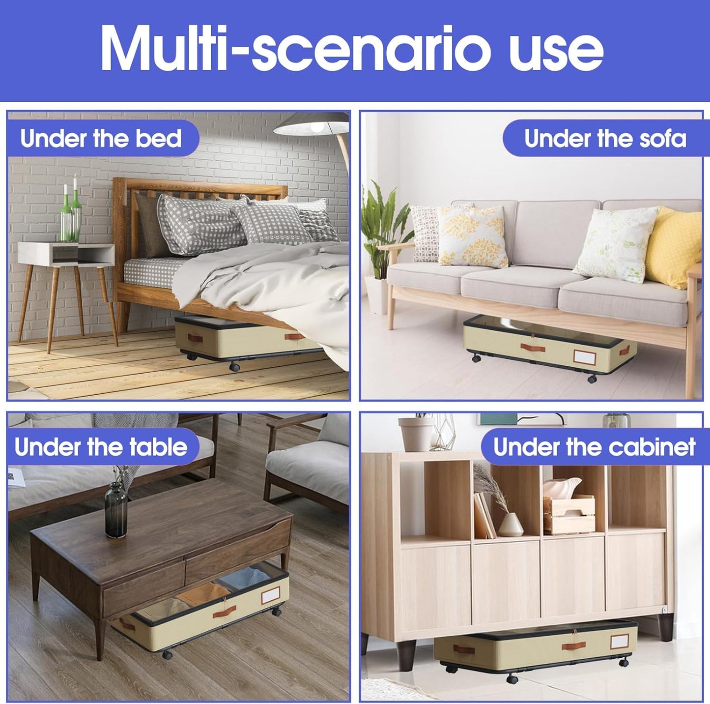 IUI Under Bed Storage with Wheels & Lid, 50L Large Capacity Underbed Storage Containers, Versatile Under The Bed Shoe Storage for Clothes, Books, Toys, 2 Pack, Ivory White