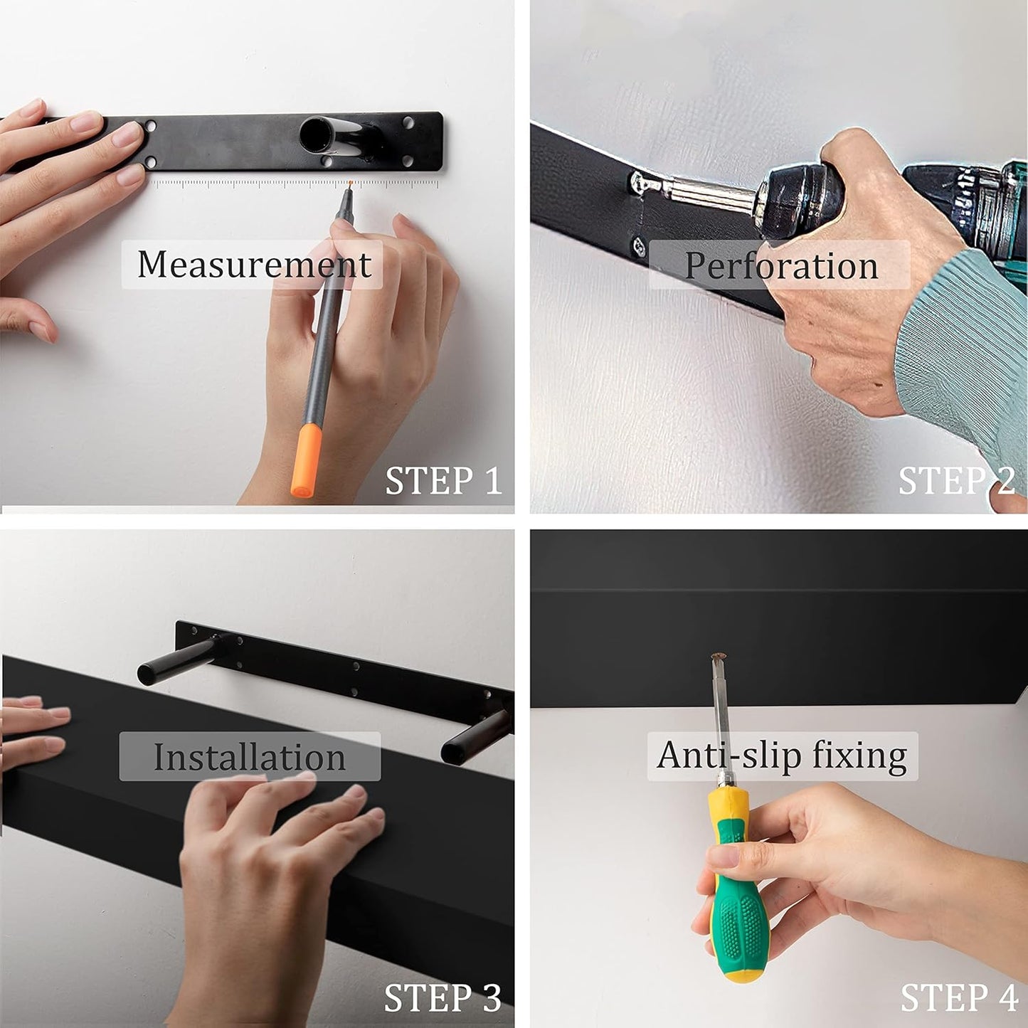 BAMEOS Floating Shelves, Black Wall Mounted Wooden Shelves with Invisible Brackets Set of 2,47 x 9