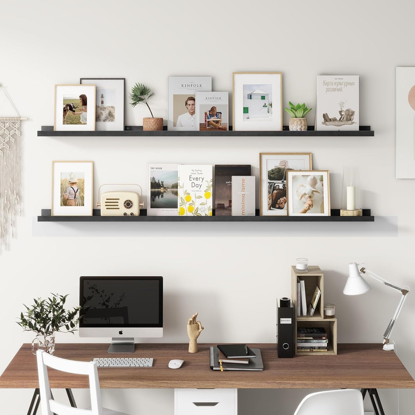 Picture Ledge Shelf, Floating Shelves Set of 2, Solid Pine Wood 72'' Long Large Nursery Book Shelves for Toys Storage, Kids Bookshelf for Living Room Bedroom Decor Books Photo Frames, Black