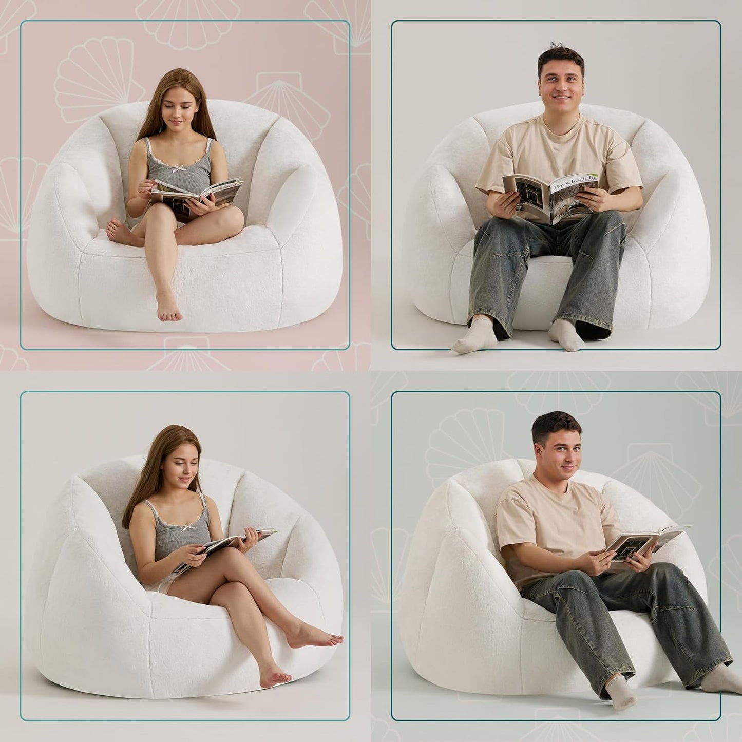 Giant Bean Bag Swivel Chair for Adults - Comfy Plush Round Shell Soft Accent Chair, Oversized Cozy Floor Sofa for Living Room, Bedroom & Game Rooms, Beige