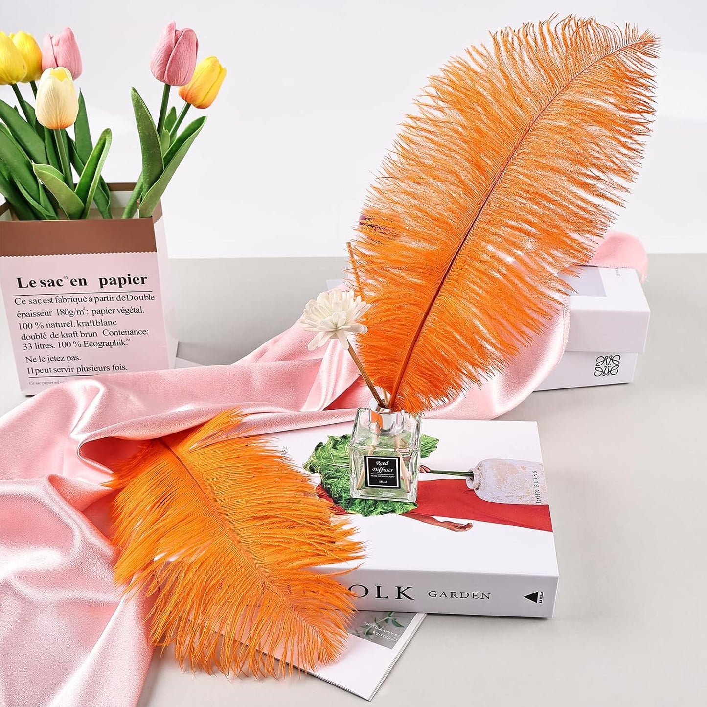 THARAHT Orange Ostrich Feathers 12pcs Natural Bulk 10-12Inch 25cm-30cm for Crafts Wedding Party Centerpieces Halloween and Home Decoration Feathers