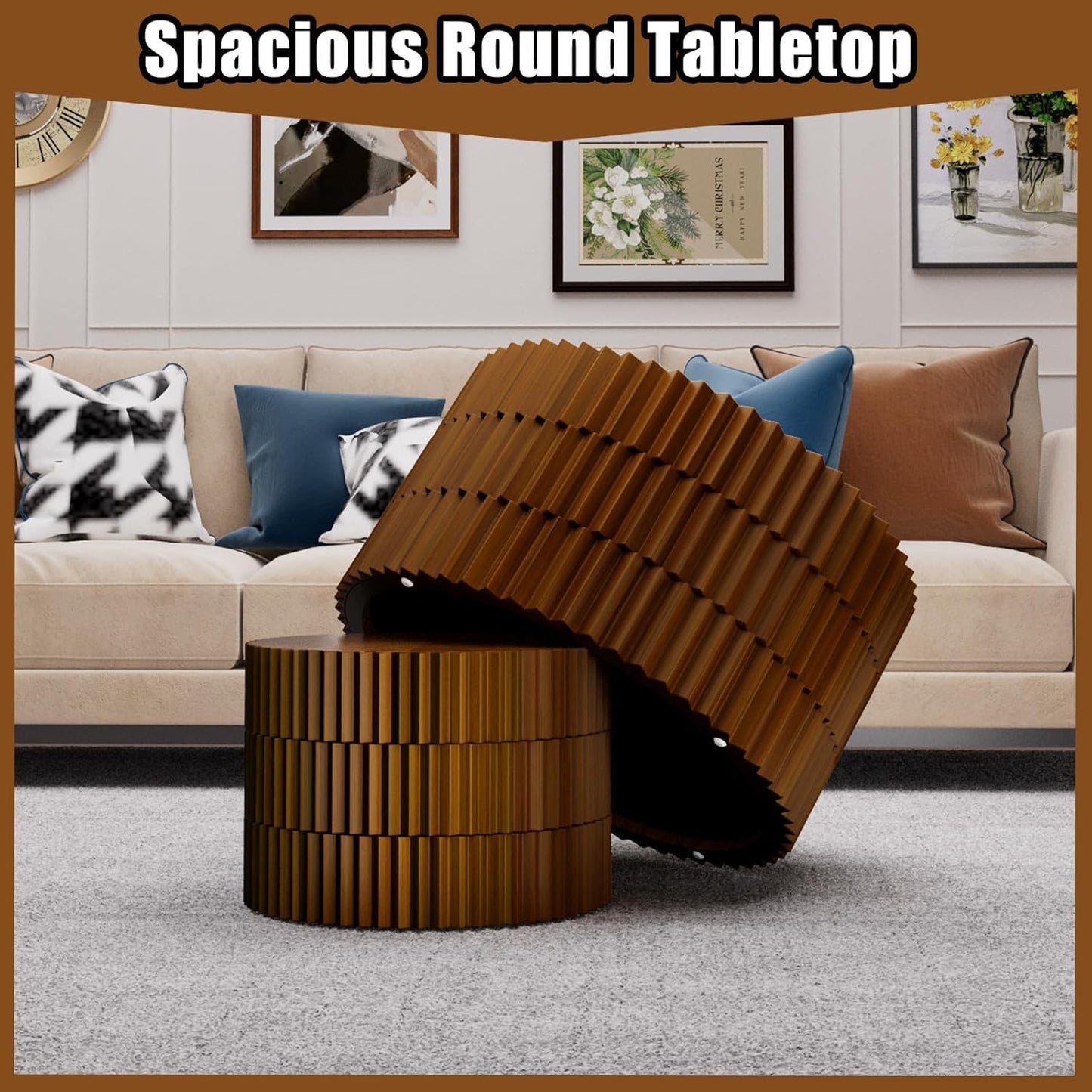 Round Coffee Table Set of 2, Nesting Coffee Table and End Table Set Small Circle Drum Side Table for Living Room Office, No Assembly (A Walnut)