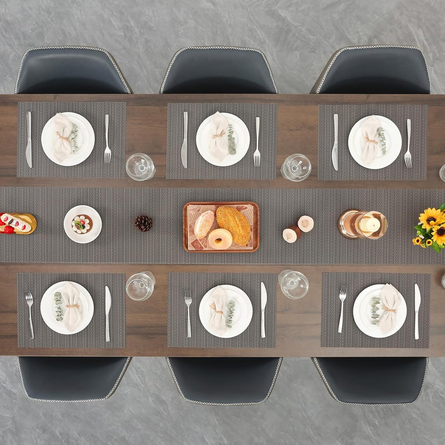 Myir JUN Placemats Set of 6, Vinyl Woven Placemats Place Mats Indoor Washable Table Mats Non-Slip Place mats for Dining Table (Dark Gray, Set of 6)