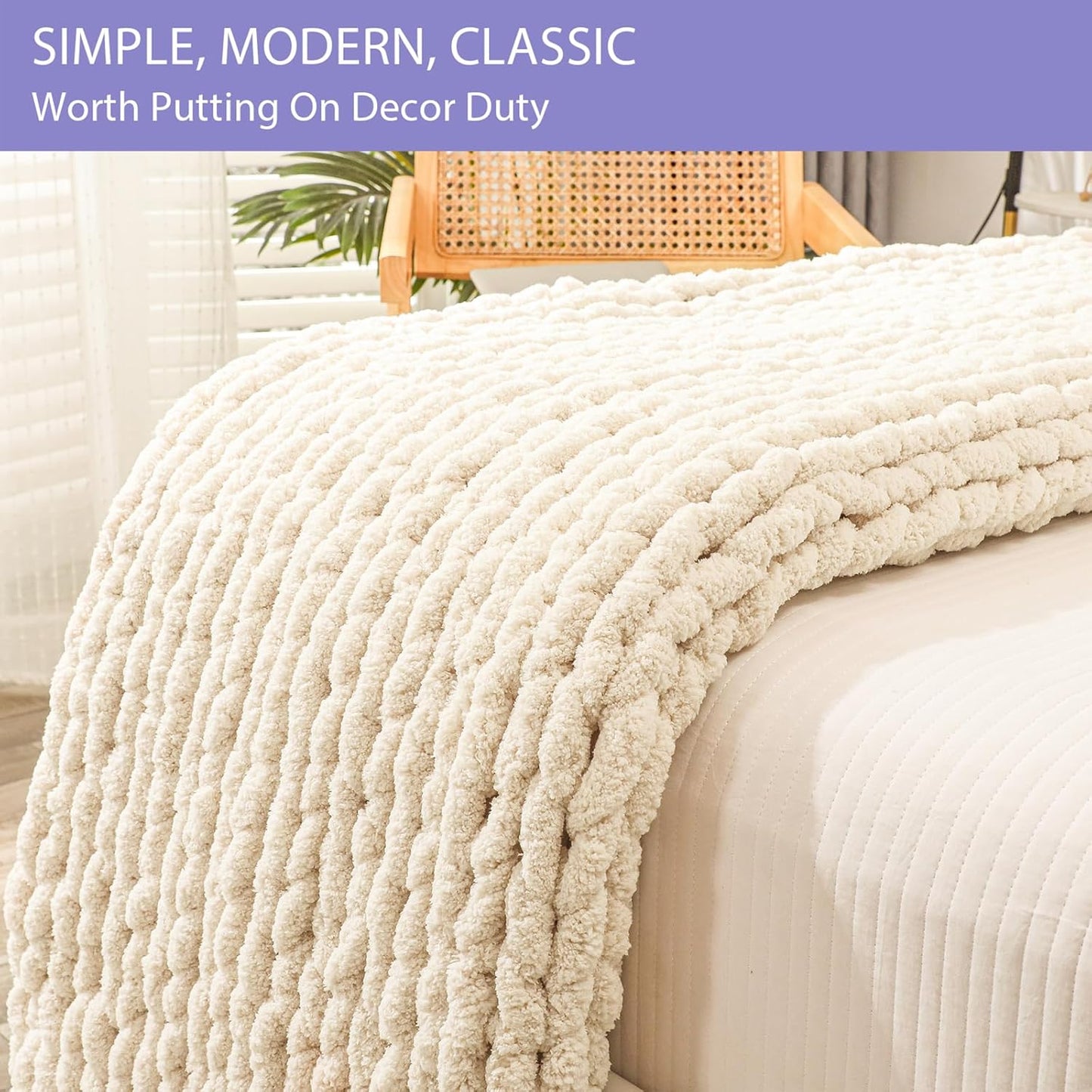 Bigacogo Chunky Knit Throw Blanket for Couch, 80x90 inches, 100% Hand Knitted with Thick Jumbo Chenille Yarn, Cozy Soft Large Rope Knot Cable Crochet Blankets for Sofa Bed Living Room, Beige