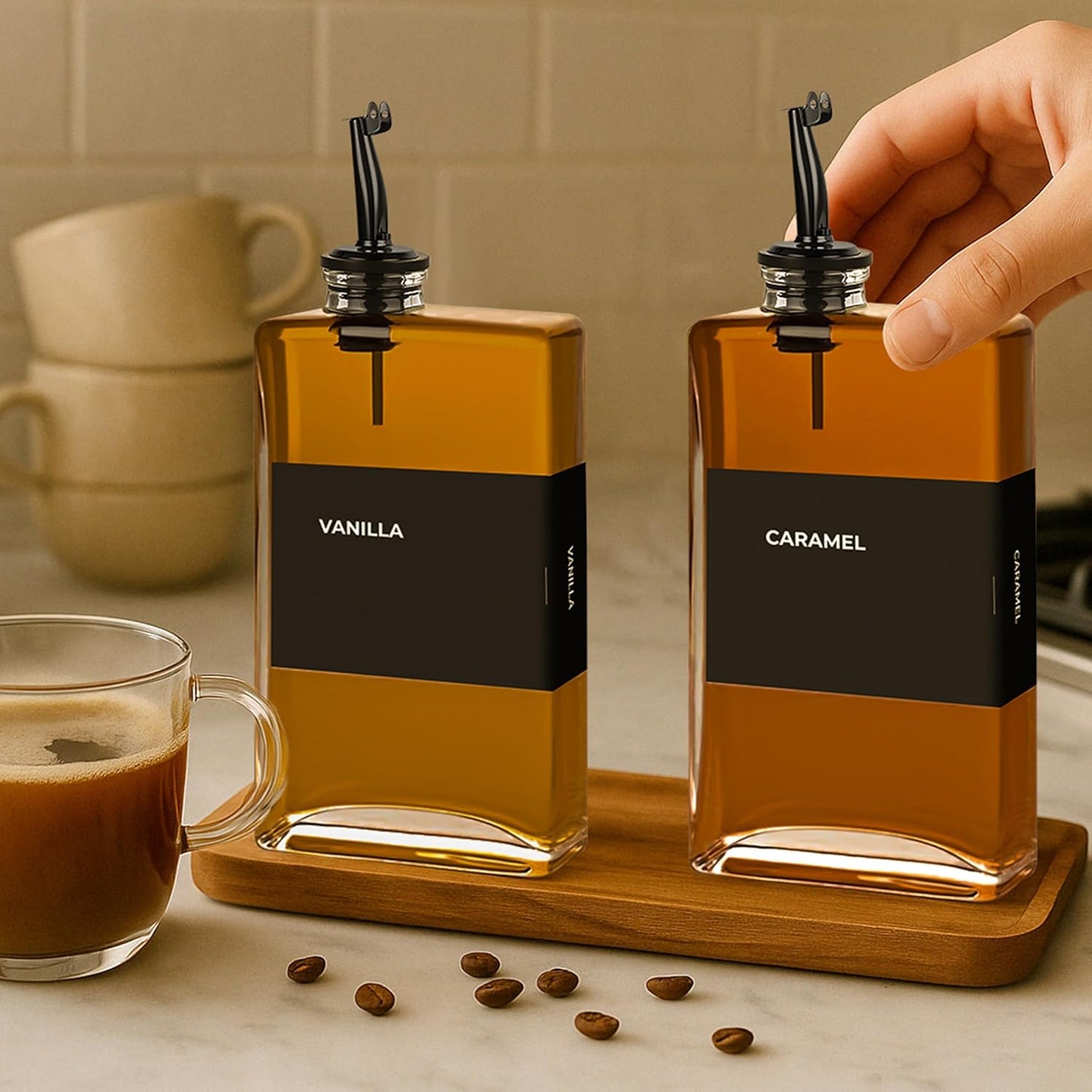 Olive Oil Dispenser Bottle - Includes 44 Kitchen Essential Labels - Cooking Oil Bottles for Kitchen, Coffee Syrup Dispenser - Pourer Spout with 11.8 fl oz Glass Container Cruet - 4pcs, Black