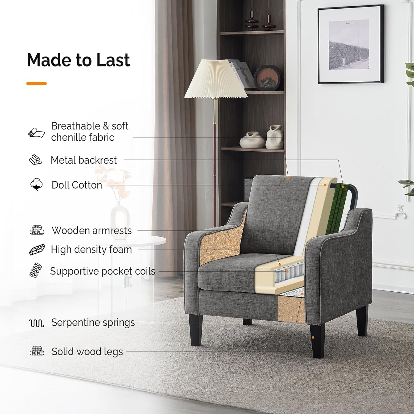 VINGLI Accent Chairs Set of 2 for Living Room, Light Grey Mid Century Modern Chair Soft Chenille Sofa Chair Upholstered Comfy Arm Chairs for Bedroom, Play Room, Apartment