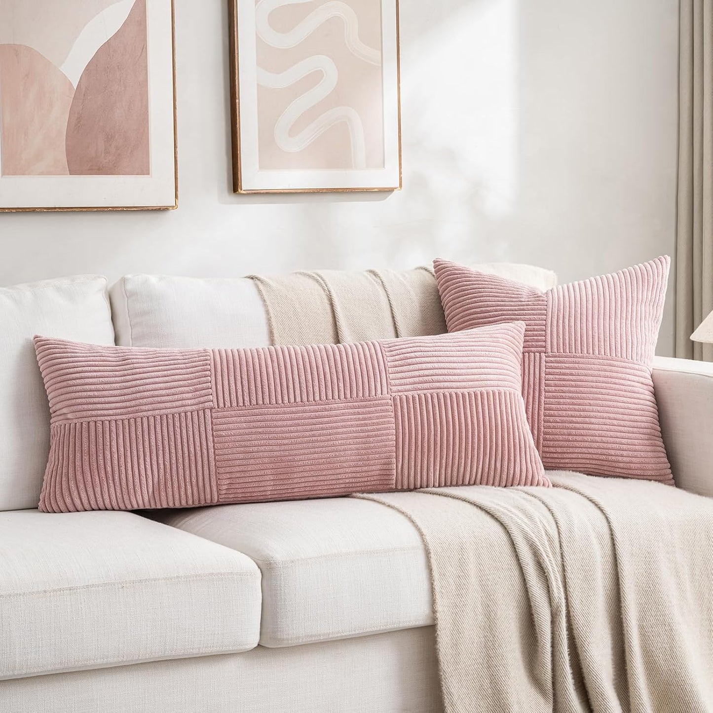 Fancy Homi 2 Packs Blush Pink Decorative Throw Pillow Covers 18x18 Inch for Living Room Couch Bed, Rustic Farmhouse Boho Home Decor, Soft Corss Corduroy Patchwork Textured Square Cushion Case 45x45 cm