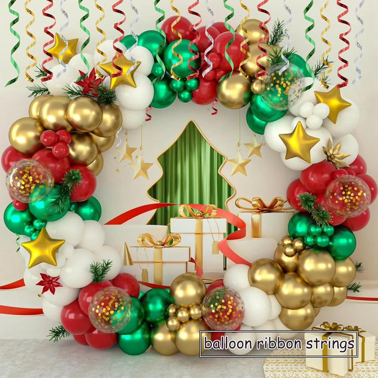 BEISHIDA 4 Pack Christmas Curling Ribbons Red Green Gold Silver Balloon String Ribbons for Gift Warppping Birthday Christmas Party Decorations(Total 400 Yards)