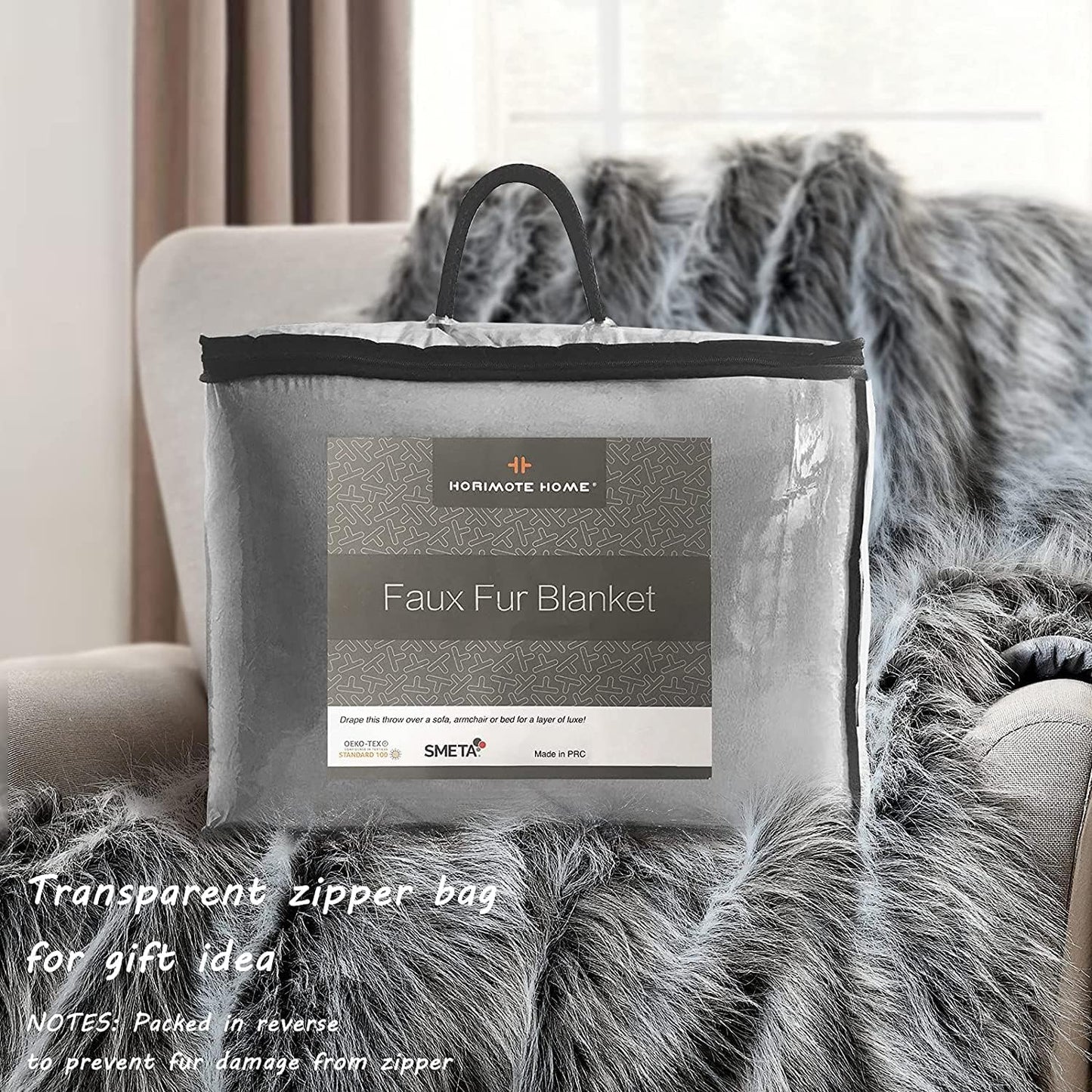 Luxury Faux Fur Blanket King Size, Ultra Big Grey and Black High Pile Mixed Faux Fur Throw Blanket, Oversized Super Warm, Fuzzy, Elegant, Fluffy Decoration Throws for Sofa, Couch and Bed, 104''x 90''