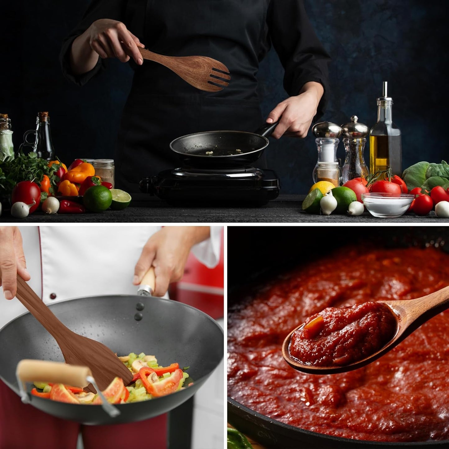 Wooden Spoons for Cooking Set of 10 - Cooking Utensils with Spoon Rest & Holder – Comfortable Grip & Easy to Clean - Wooden Spoon Set for Kitchen with four Hanging Hooks