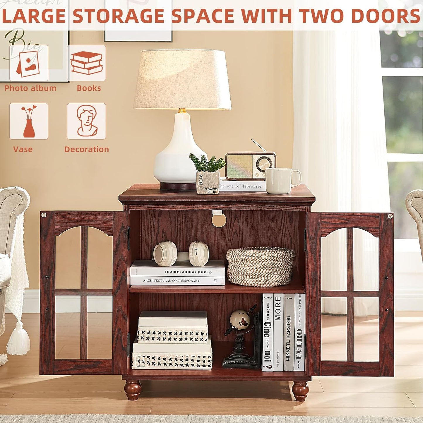 Farmhouse End Table with Charging Station,24" Large Sofa Side Table with Glass Barn Door,Rustic Wood Night Stand with Adjustable Storage Shelf,Square Bedside Table for Living Room,Bedroom Office