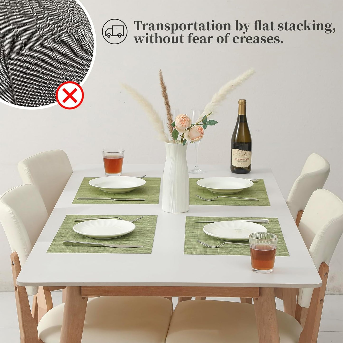 Leetaltree Pea Green Placemats Set of 12 - Heat Resistant Non-Slip Place mats for Dining Table, Washable Durable PVC Vinyl Woven Table Mats(Pea Green, 12)