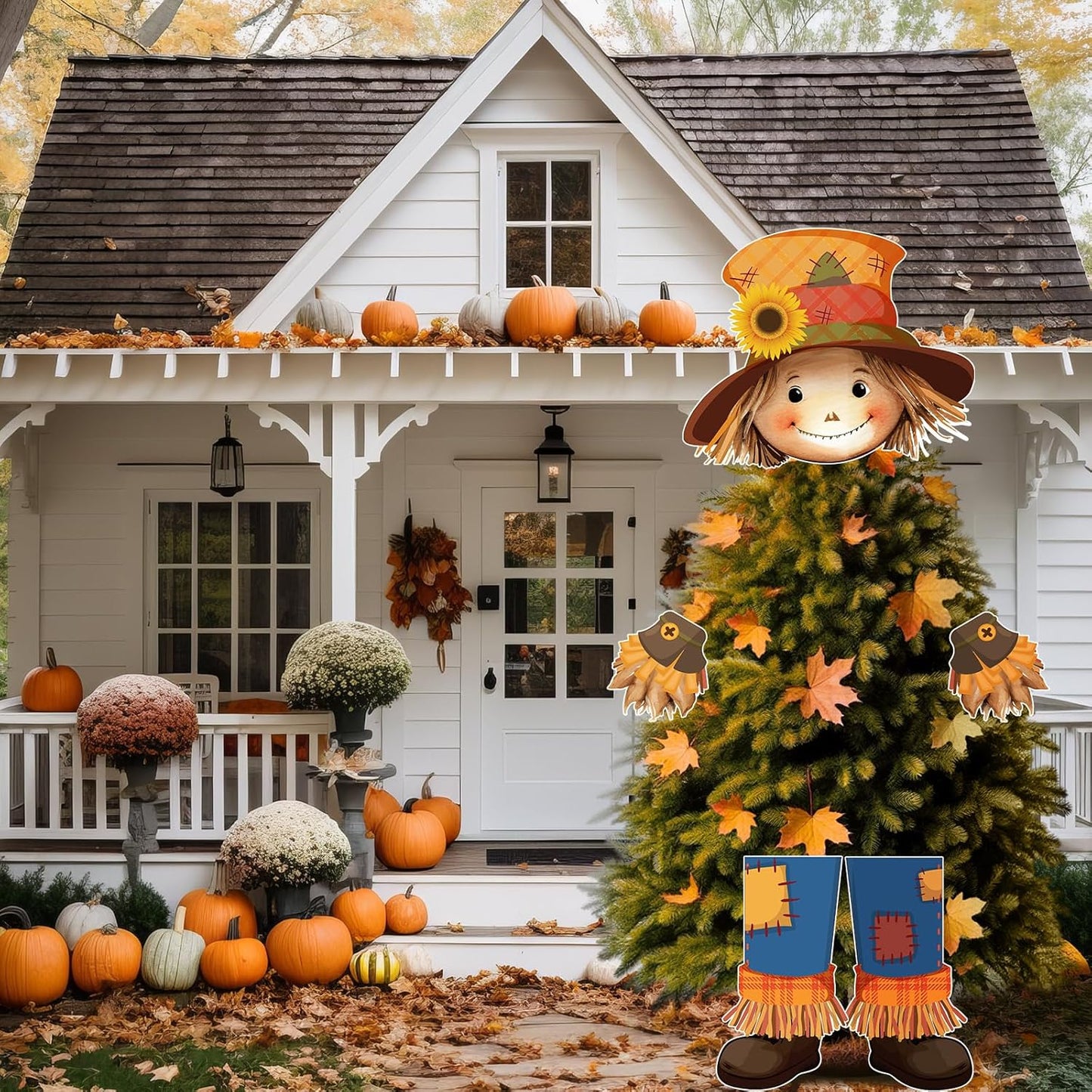 Scarecrow Fall Tree Topper Autumn Harvest Farmhouse Decorative Tree Treetops Head Hands and Legs Decor for Holiday Fall Thanksgiving Indoor Home Decorations Party Supplies