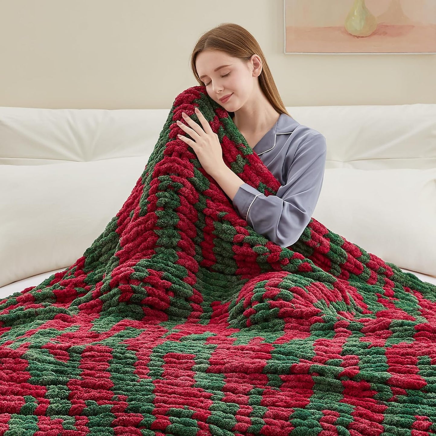 Chunky Knit Throw Blanket, 50''*60'' Knitted Throw Chenille Yarn for Bed Couch, Handmade Stripe Crochet Big Thick Blanket, Machine Washable Cute Comfy Blanket for Home Decor