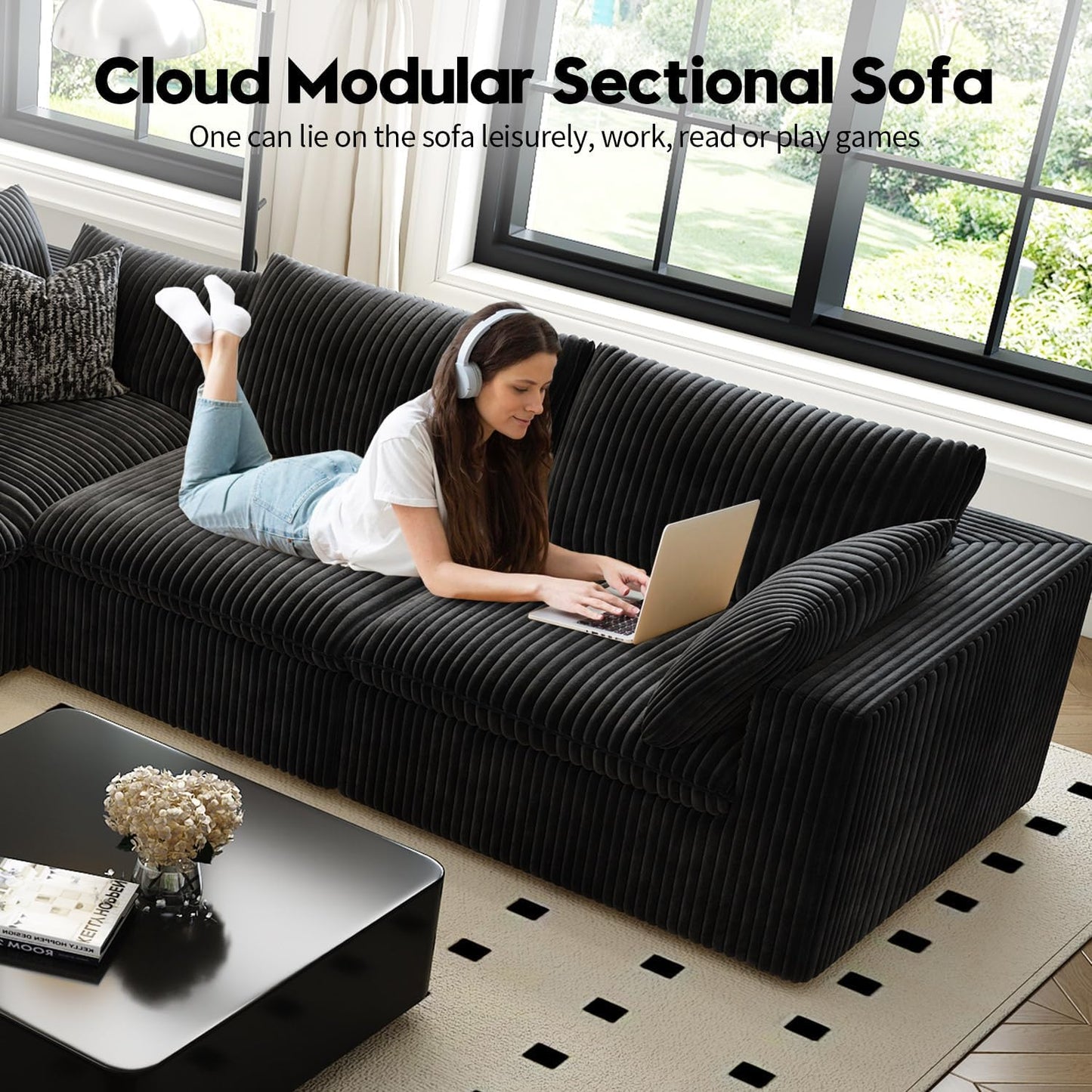 118" Cloud Couch Modular Sectional Sofa for Living Room,Modern Sofa with Deep Seat,3 Seater Boneless Couch,Comfy Upholstered Corduroy Couches for Apartment, Studio, Office,Bedroom,Black