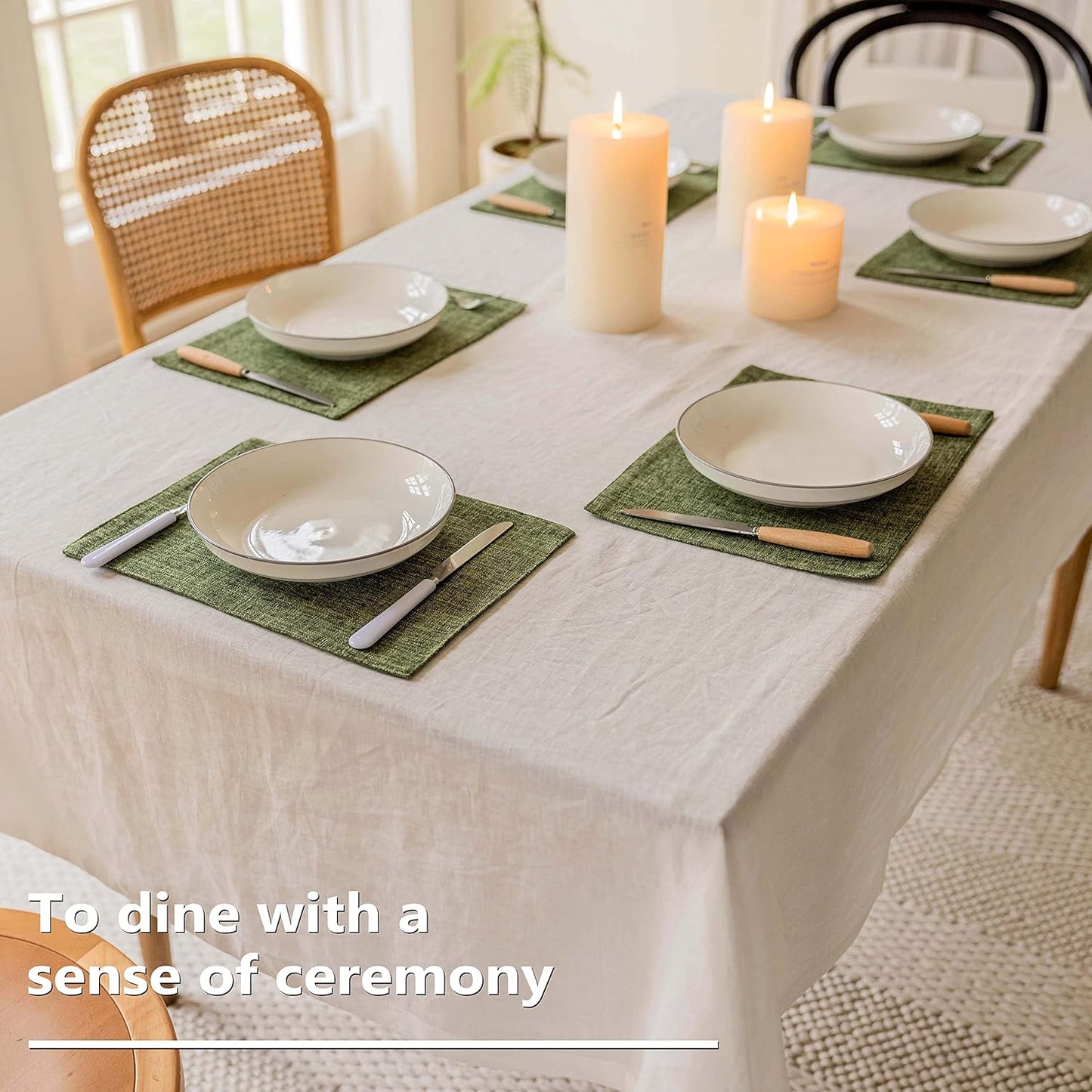 Home Brilliant Linen Cloth Placemats Set of 6 Heat Resistant Dining Table Place Mats Kitchen Washable Dining Mats for Dinner Decor, Green