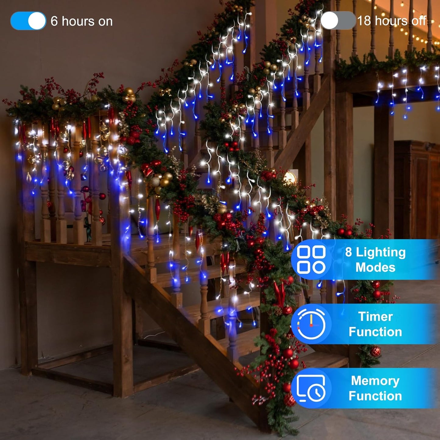 1296LED Christmas Lights with 288 Drops, 131ft 8 Modes Christmas String Lights Outdoor, Waterproof Christmas Decorations Fairy Lights with Timer Memory for Party Patio Window Fence Blue & CoolWhite