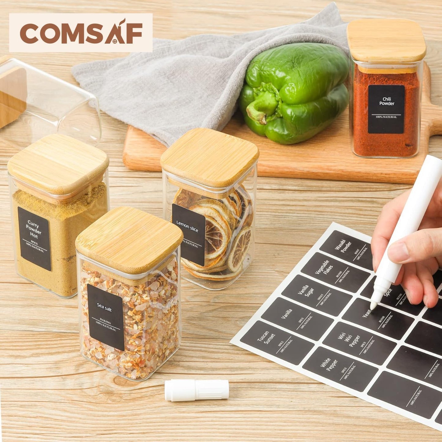 ComSaf 12Pcs Glass Spice Jars with Bamboo Lid, 8oz Airtight Square Containers with 275 Black Lables, Empty Seasoning Jars for Spice Salt Sugar