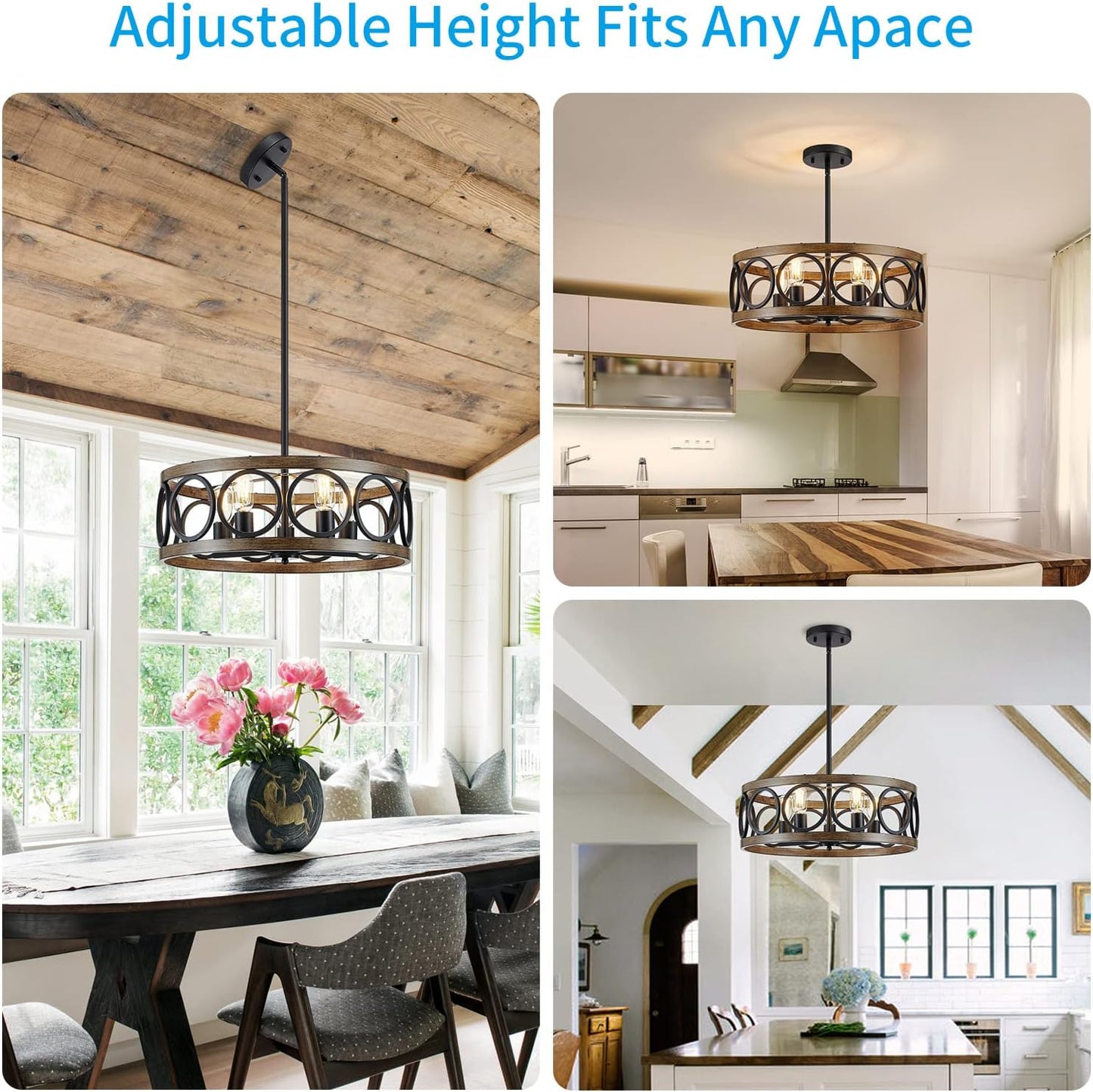 XINGQI 21.7'' Modern Chandelier, Farmhouse Drum Chandeliers for Dining Room Living Room Bedroom 5-Light Pendant Lighting Round Black Metal Antique Wood Grain Finish Adjustable