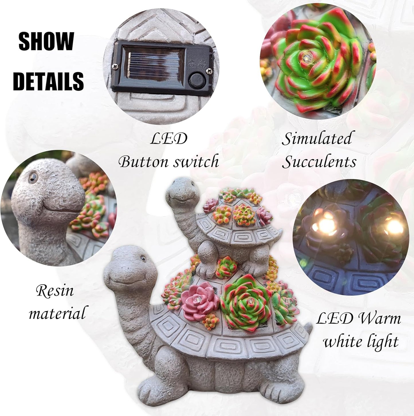 Large Turtle Solar Garden Outdoor Statues with Succulent and 6 LED Lights,Outside Solar Turtle Decor Art for Garden,Home,Lawn,Yard, Balcony Ornament