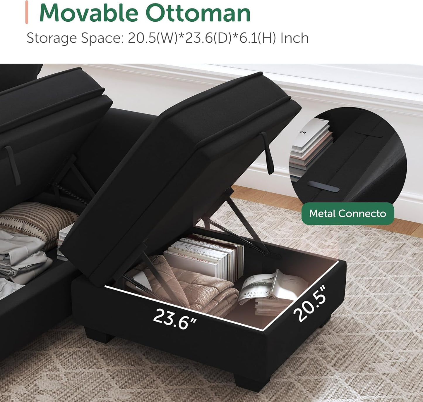 HONBAY Sectional Sofa with Storage Seat Velvet U Shaped Couch with Reversible Chaise Convertible Sectional Couches for Living Room,Black Velvet