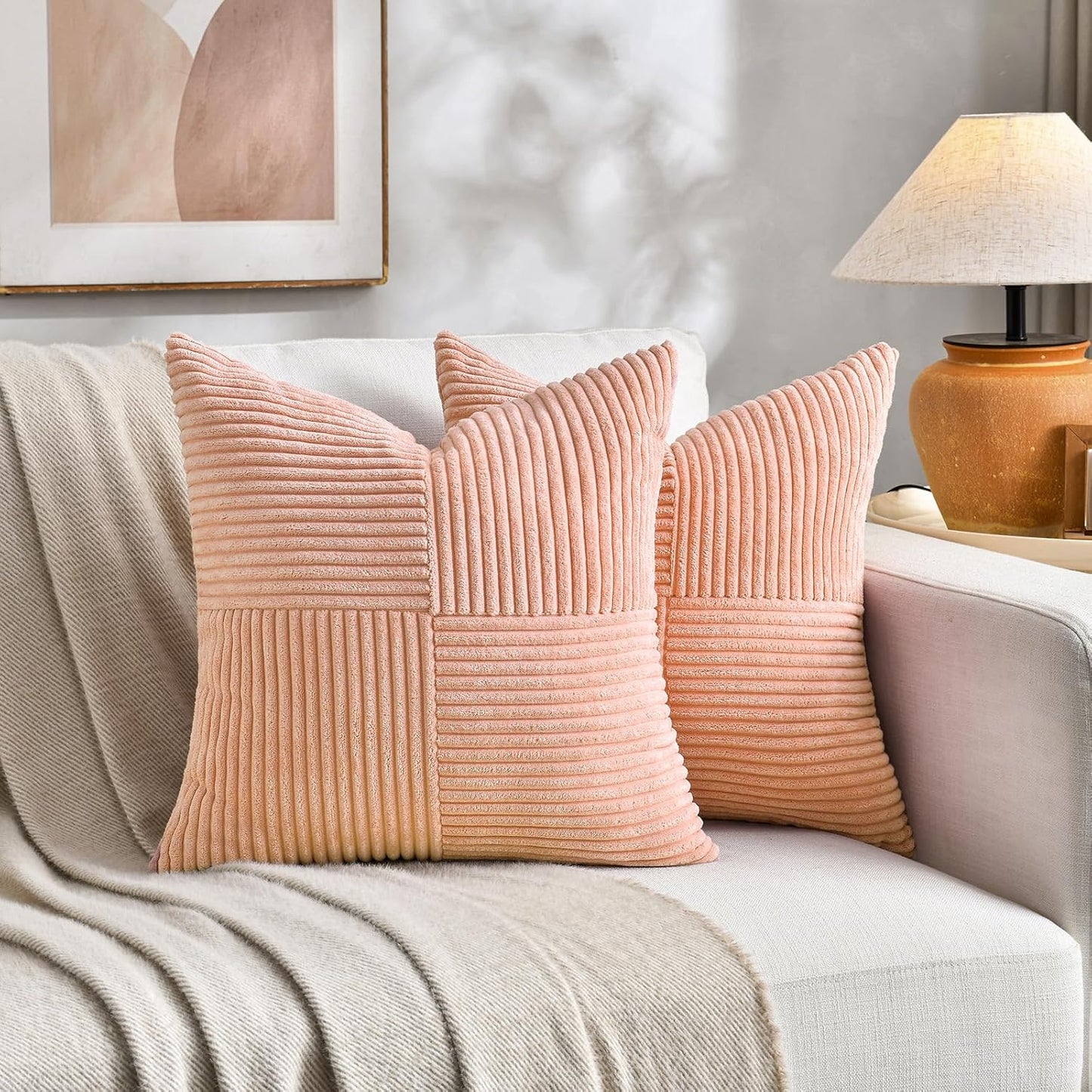 Fancy Homi 2 Packs Peach Decorative Throw Pillow Covers 16x16 Inch for Living Room Couch Bed Sofa, Rustic Farmhouse Boho Home Decor, Soft Corss Patchwork Corduroy Textured Square Cushion Case 40x40 cm