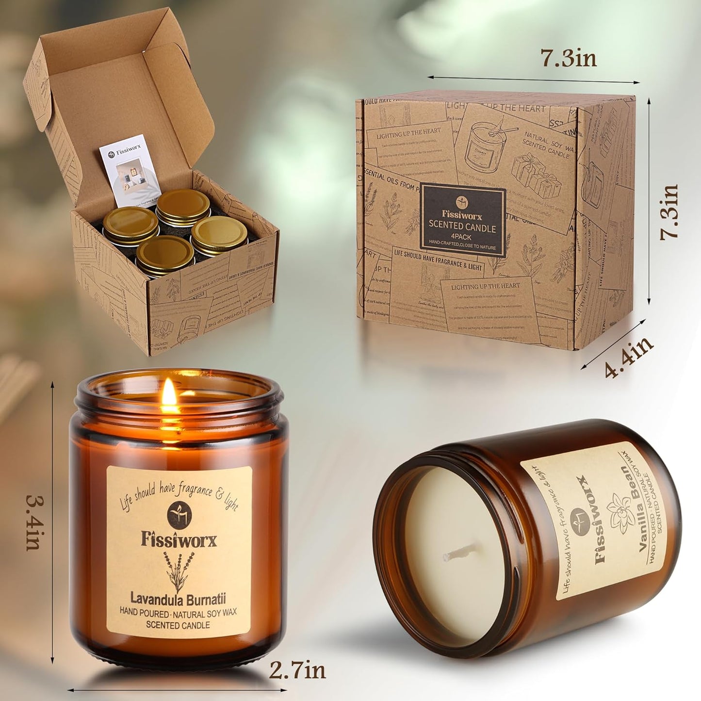 Scented Candle Set 4 Pack, Candle for Home Scented, Odor Eliminating, Stress Relief, 30oz, 220 Hours Long Lasting Soy Wax Gift Set for Women