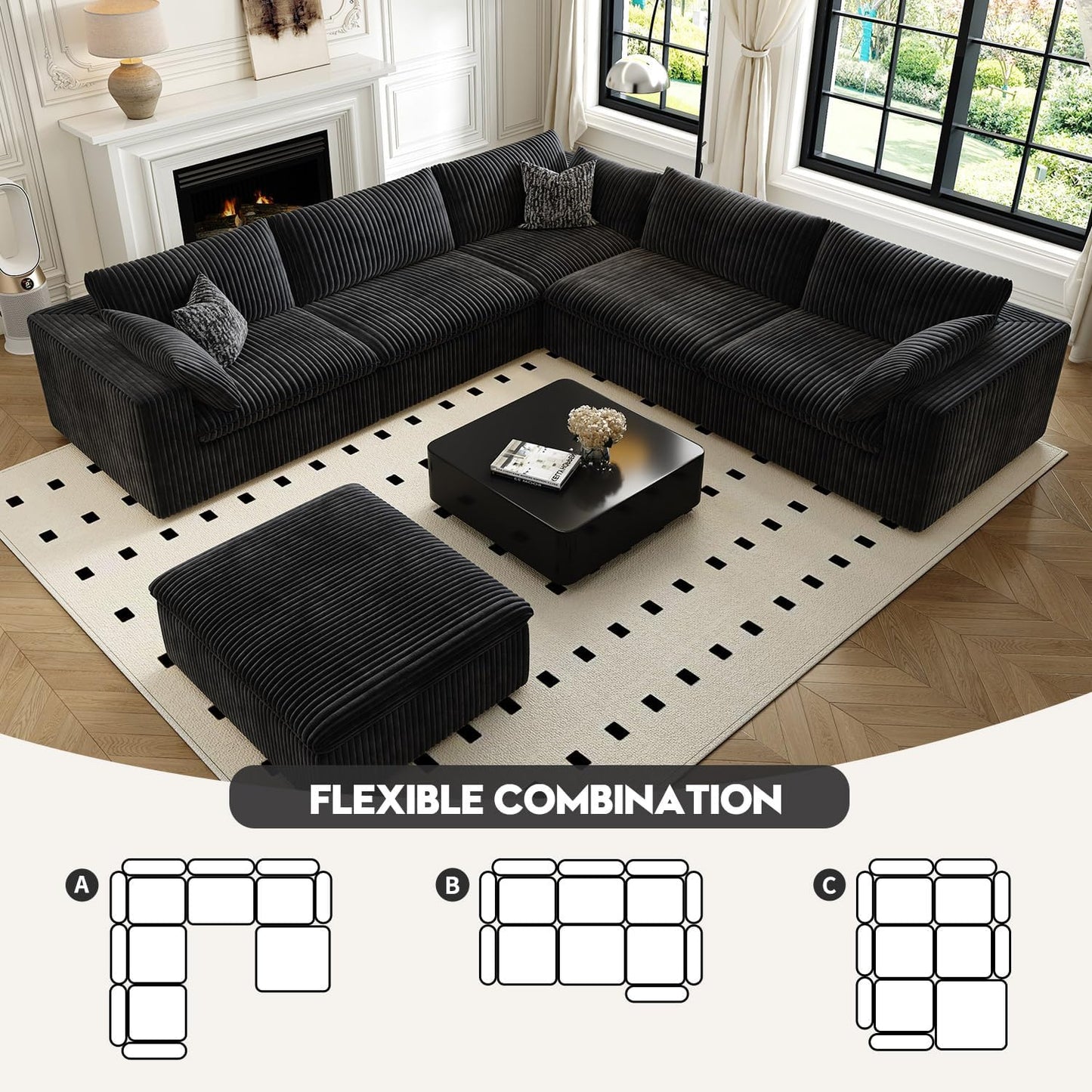 118" Cloud Couch Oversized Modular Sectional Sofa for Living Room,Modern Sofa with Deep Seat,6 Seater Boneless Couch,Comfy Upholstered Corduroy Couches for Apartment, Studio, Office,Bedroom,Black