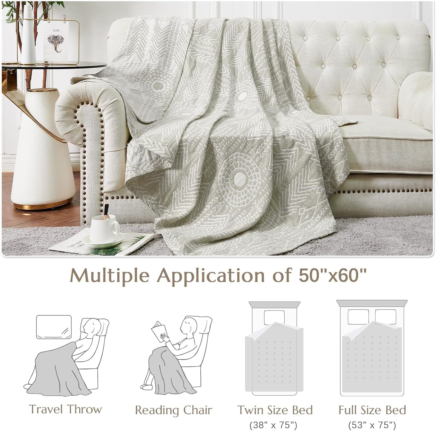 jinchan Boho 100% Cotton Muslin 50x60 Throw Blanket Lightweight 3-Layer Light Grey Blanket Washable Reversible Breathable Decorative Geometric Striped Patterned Soft Cozy for Sofa Bed All Season Gift