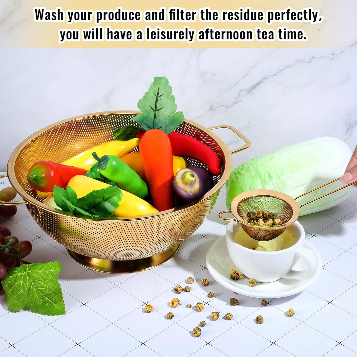 Norme 5 Quart Stainless Steel Gold Colander and 3 Pcs Gold Fine Mesh Strainer, Stainless Steel Pasta Rice Food Metal Strainer with Handles, Easy Clean and Dishwasher Safe