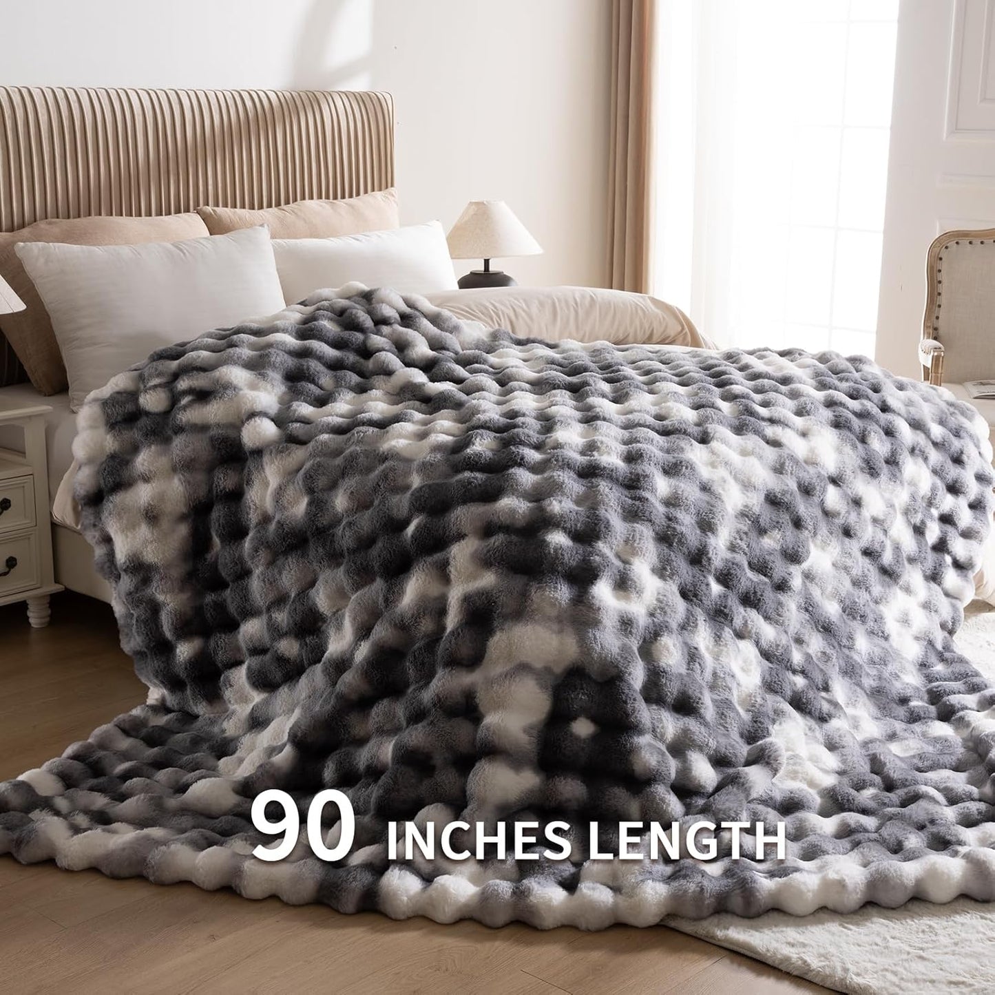 Cozy Faux Fur Throw Blanket for Bed Warm Fuzzy Throw Blanket, Soft Plush Thick Bubble Blankets for Bedroom and Living Room, Furry Luxury Blanket, 90 x 90,Tie-Dye Grey