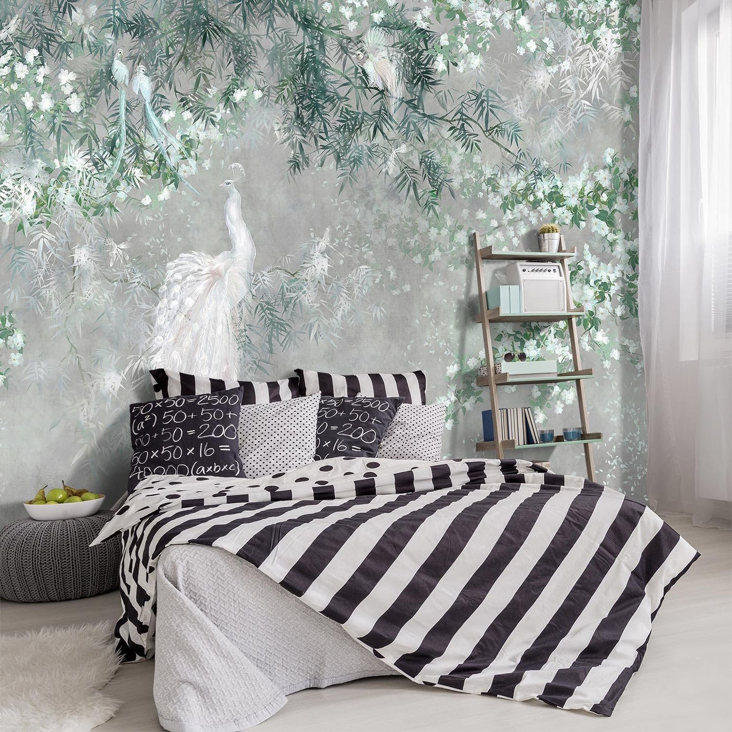 -Green Leaf Botanical Peacock Fabric Wallpaper Wallpaper Living Room Bedroom Bathroom Grey Plant Large Wall Mural- 160"x108"( not Peel and Stick)