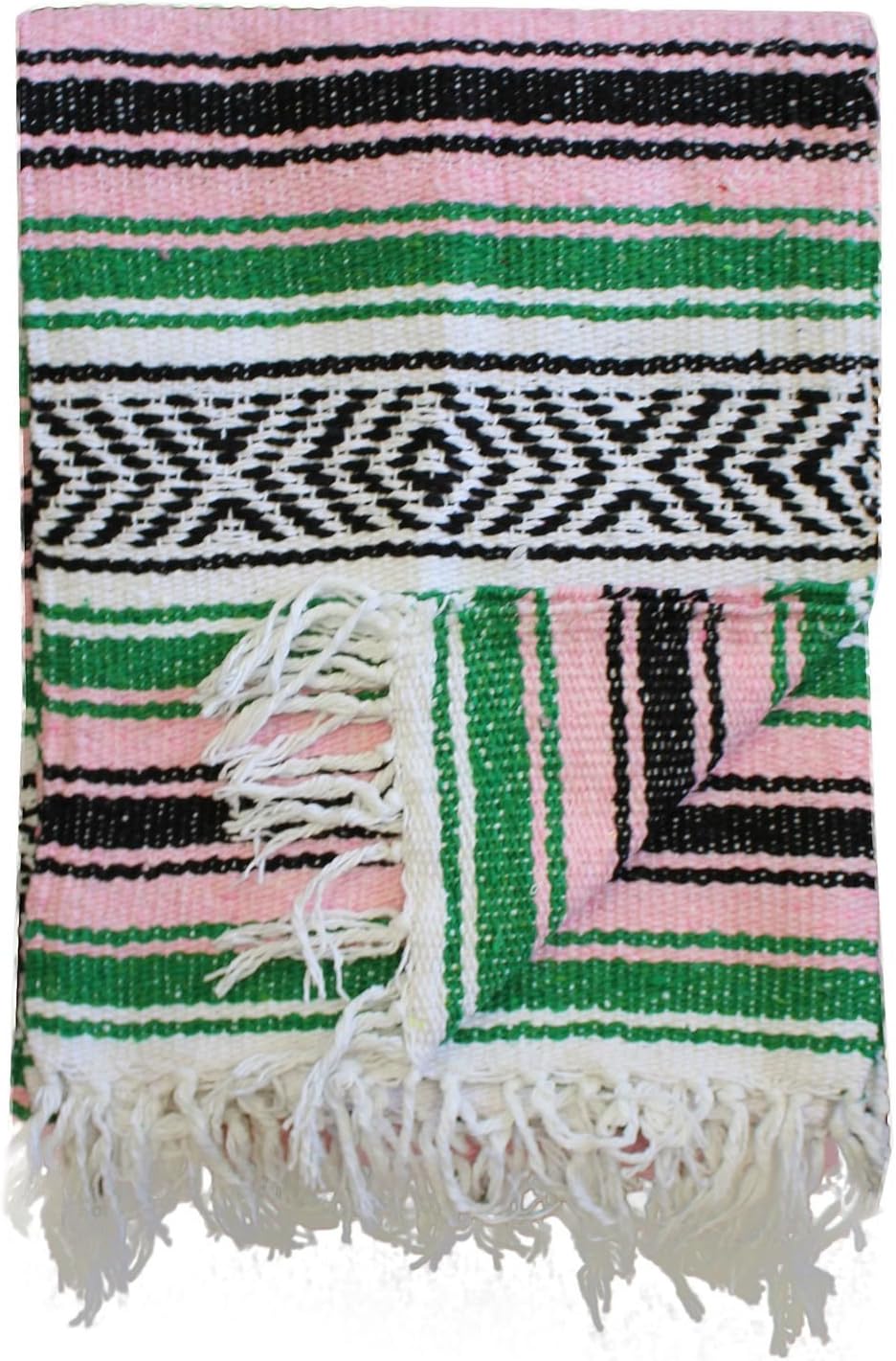 Del Mex Classic Mexican Blanket, Large Authentic Woven Falsa Throw (70"x50"), Artisan Southwest Décor for Beach, Yoga, Outdoors (Green/Pink)