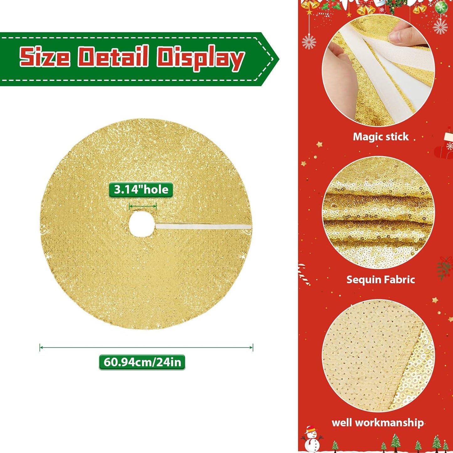 Eternal Beauty Christmas Tree Skirt, 24 Inch Gold Sequin Tree Skirt Small Xmas Tree Skirt for Christmas Tree Decorations