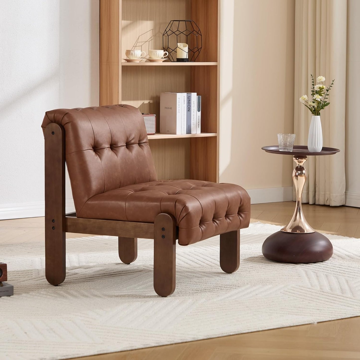 Modern Armless Accent Chair for Living Room, Brown PU Leather Button Tufted Upholstered Lounge Reading Chair with Walnut Wood Frame