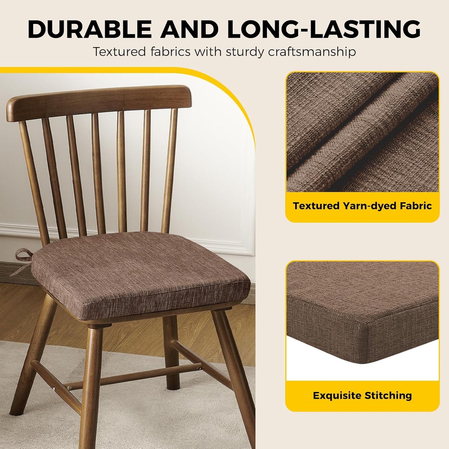 downluxe Indoor Chair Cushions for Dining Chairs, Soft and Comfortable Textured Foam Kitchen Chair Pads with Ties and Non-Slip Backing, 16" x 16" x 2", Brown, 6 Pack