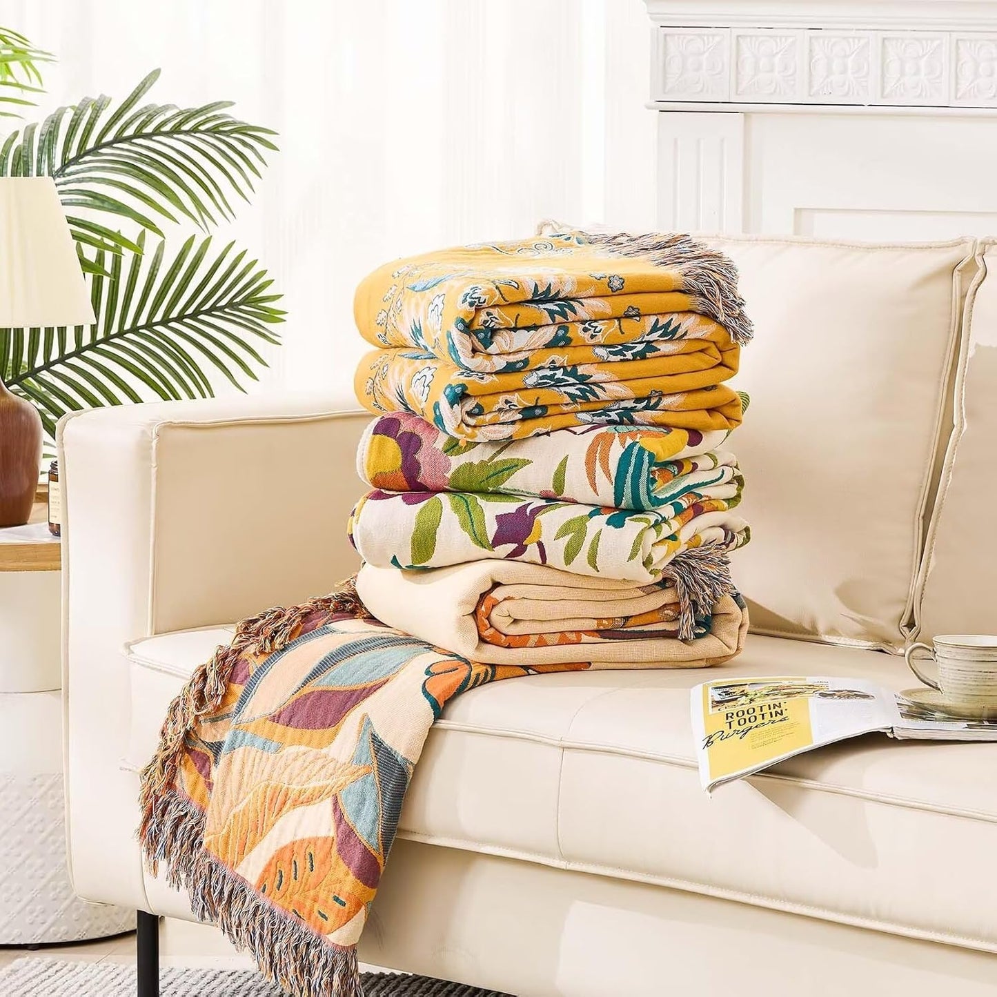 Boho Throw Blanket for Bed, 100% Cotton Soft Rustic Quilt Fall Blanket, 90"x98" Floral Printed Farmhouse Decor Bed Blankets, All Season Rustic Reversible Bohemian Throw Quilt