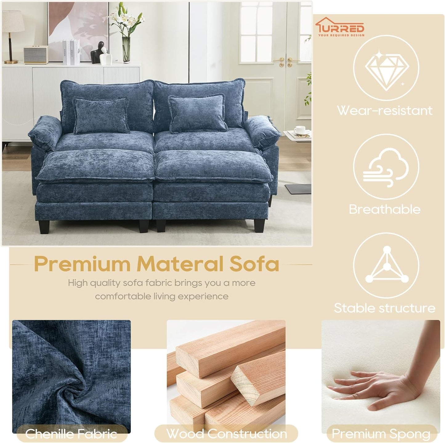URRED Modular Sectional Sofa Comfy Cloud Couch, Modern Chenille Sofa Sleeper Deep Seat Couches with Ottoman/Pillows for Living Room (Blue, 82.6''- 2 Ottomans)