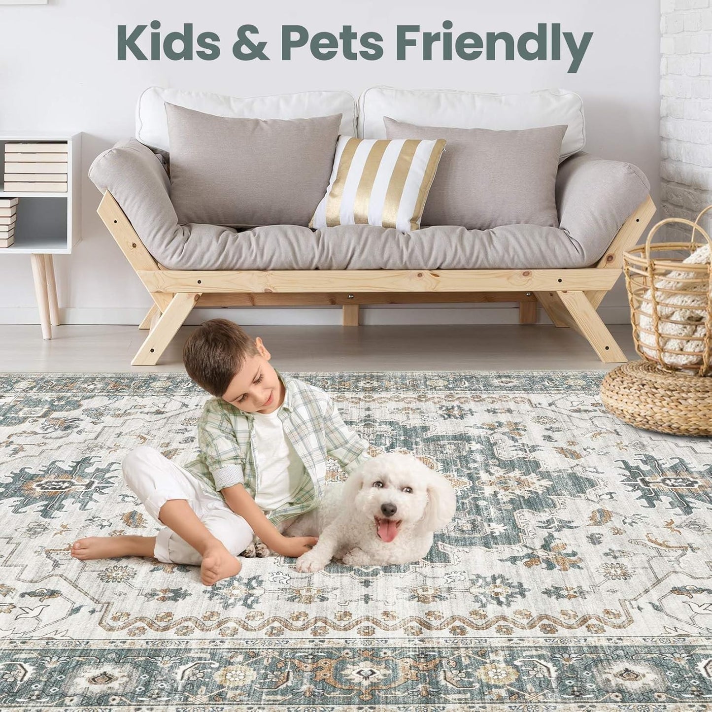 Washable Area Rugs for Living Room -10x14 Neutral Vintage Distressed Floral Farmhouse Boho Large Soft Floor Rug Indoor Non Slip Carpet for Living Room Bedroom Dining Room Office -Green/Grey