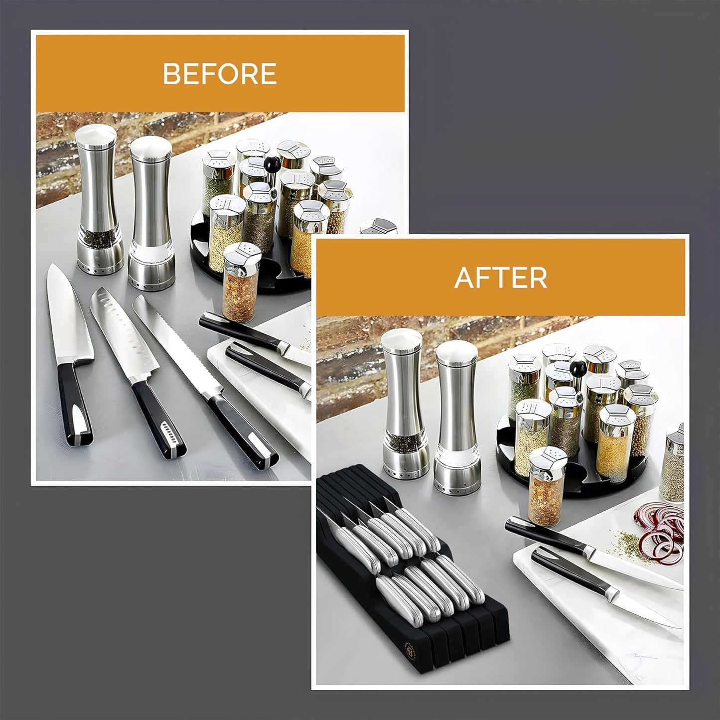 In-Drawer Knife Block - Bamboo Knife Drawer Organizer for Kitchen - Fits 5 Long + 6 Short Knives | Store Knives with Blades Pointing Down - Wooden Steak knife Holder without Knives (Black)