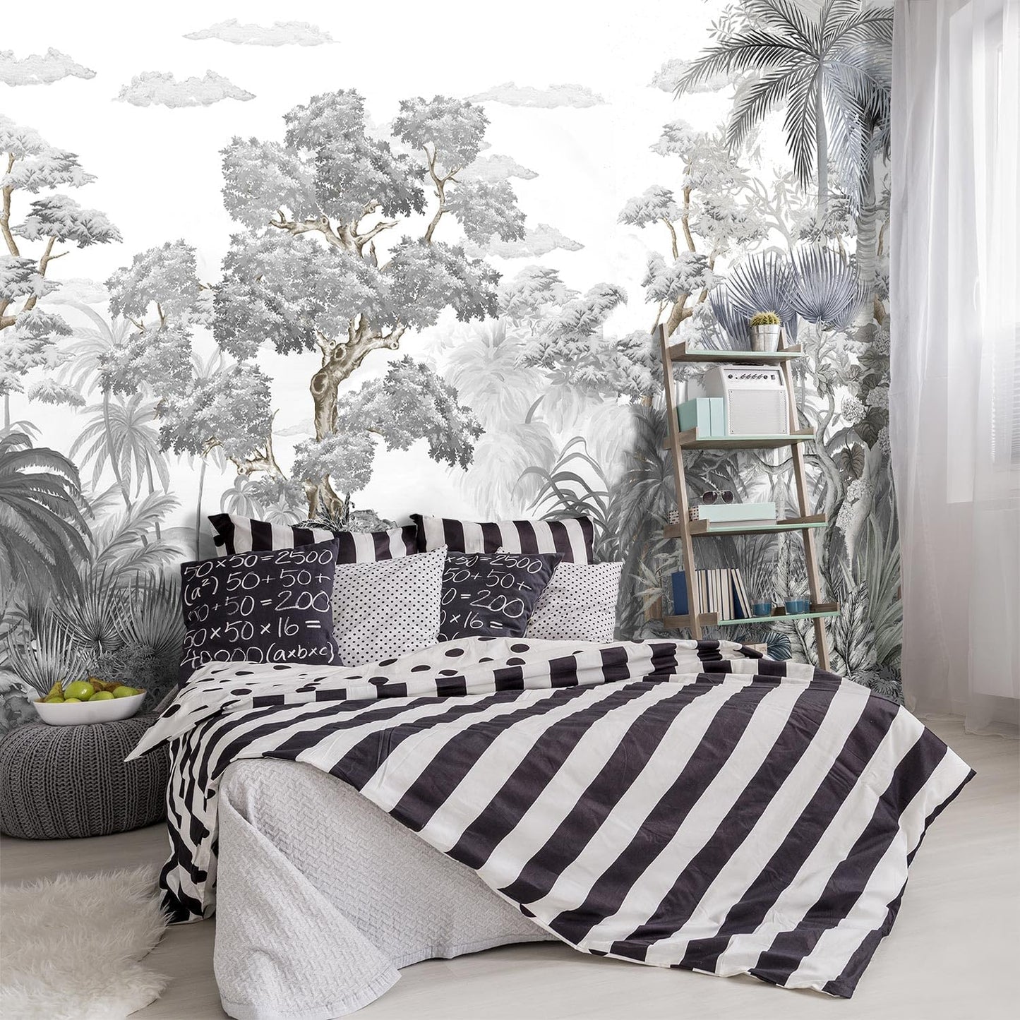 -Tropical Rainforest Botanical Grey Jungle Forest Fabric Wallpaper Living Room Palm Leaf Plant Bedroom Bathroom Wall Mural- 91"x65"( not Peel and Stick)