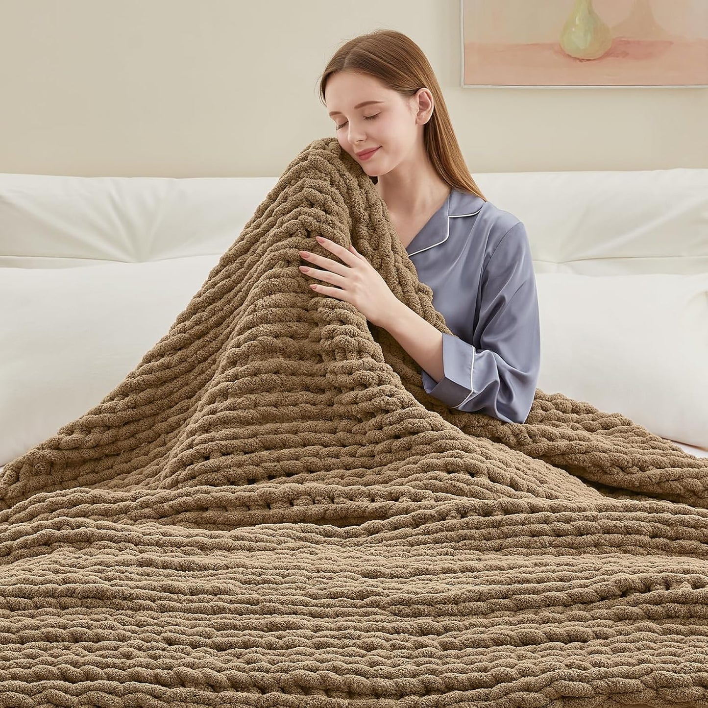 Chunky Knit Throw Blanket, 30''*40'' Knitted Throw Chenille Yarn for Bed Couch, Handmade Light Brown Crochet Big Thick Blanket, Machine Washable Cute Comfy Blanket for Home Decor