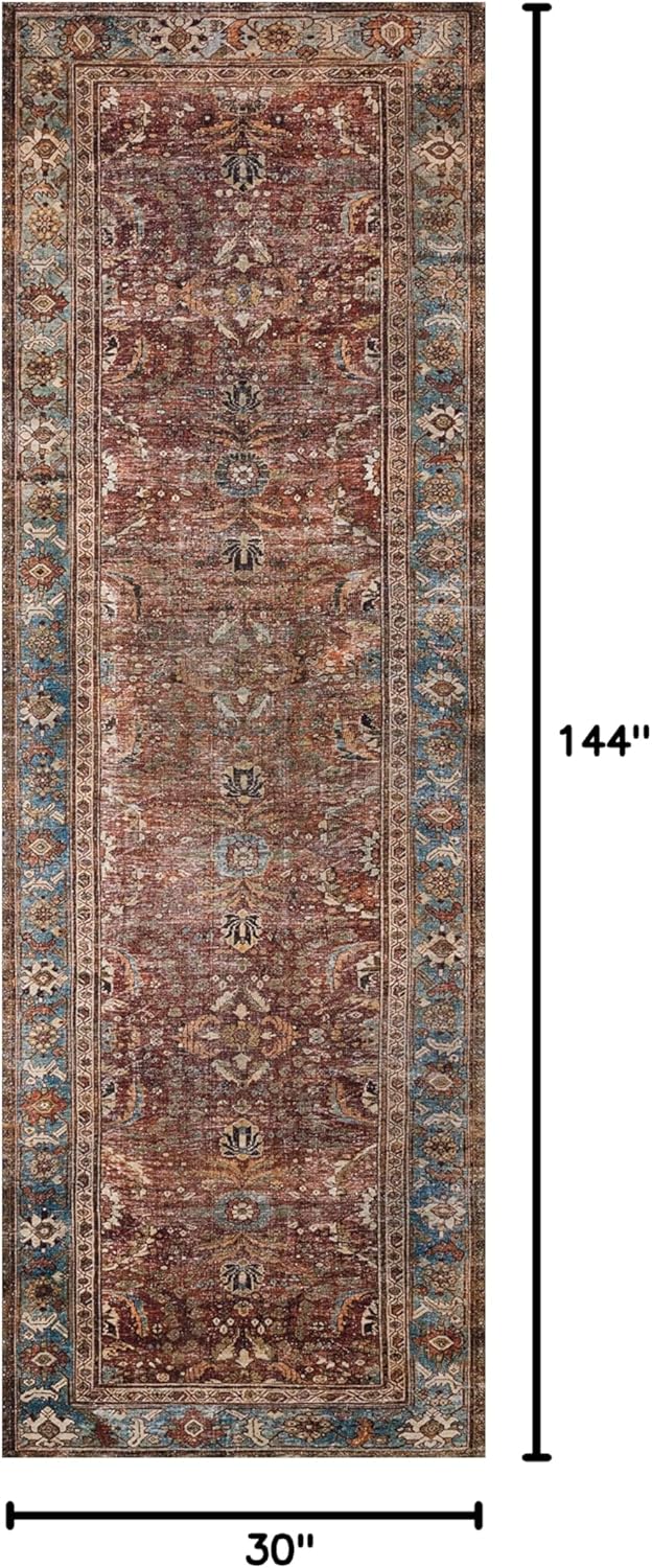 Loloi Layla Collection LAY-01 Brick/Blue 2'-6" x 12'-0" .13" Thick Runner Rug, Soft, Durable, Vintage Inspired, Distressed, Low Pile, Non-Shedding, Easy Clean, Printed, Living Room Rug