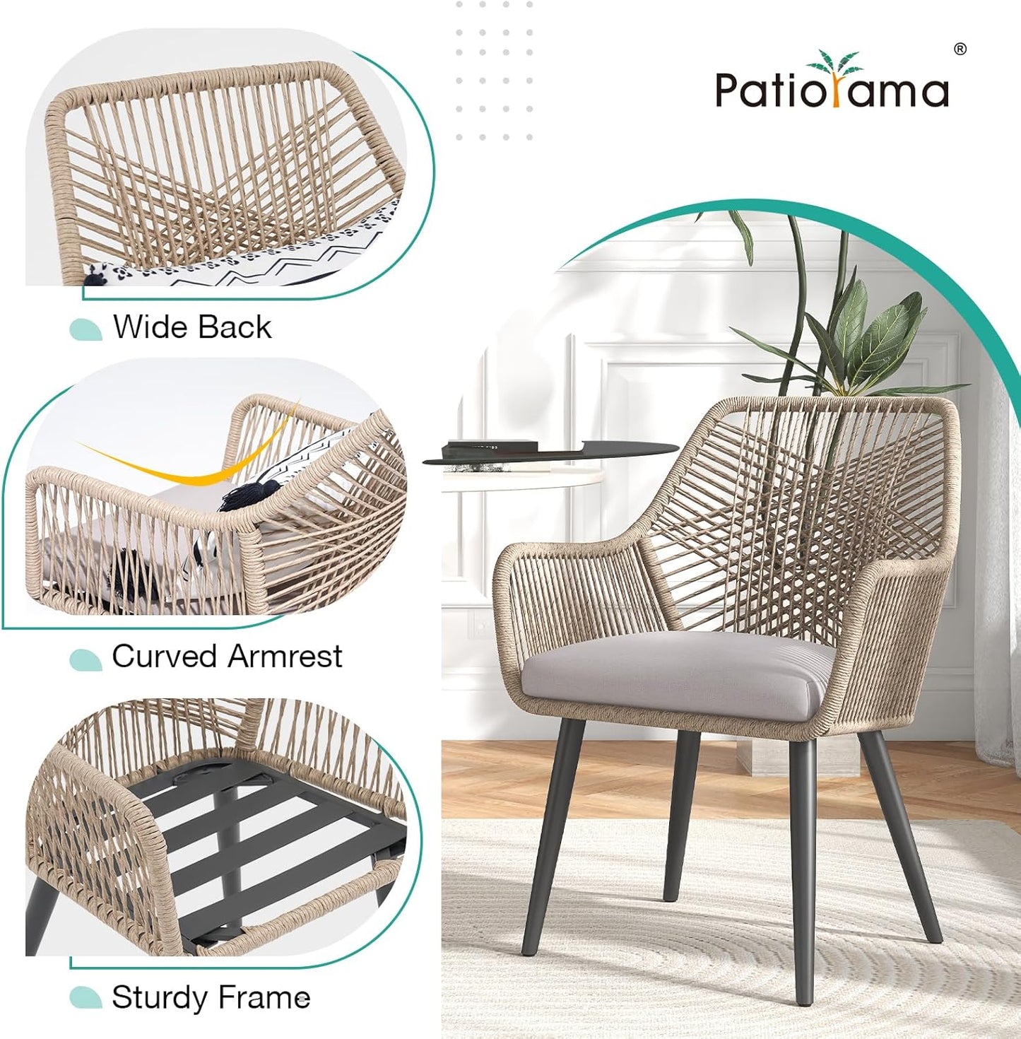 Patiorama Patio Dining Chair Set of 4, Woven Rope Outdoor Dining Chairs w/Steel Frame, All-Weather Twisted Rattan Chairs w/Armrest & Cushion, Outdoor Dining Wicker Chairs for Backyard Garden(Beige)