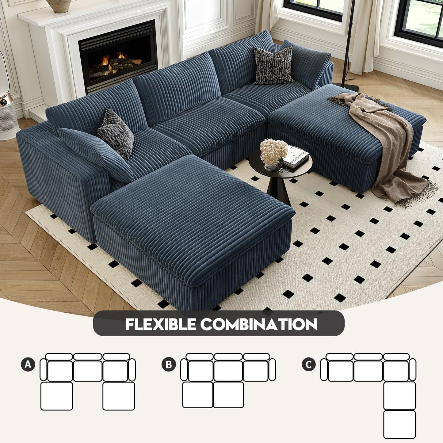 118" Cloud Couch Modular Sectional Sofa for Living Room,Modern Sofa with Deep Seat,U-Shape Boneless Couch with 2 Ottoman,Comfy Upholstered Corduroy Couches for Apartment, Studio, Office,Bedroom,Blue