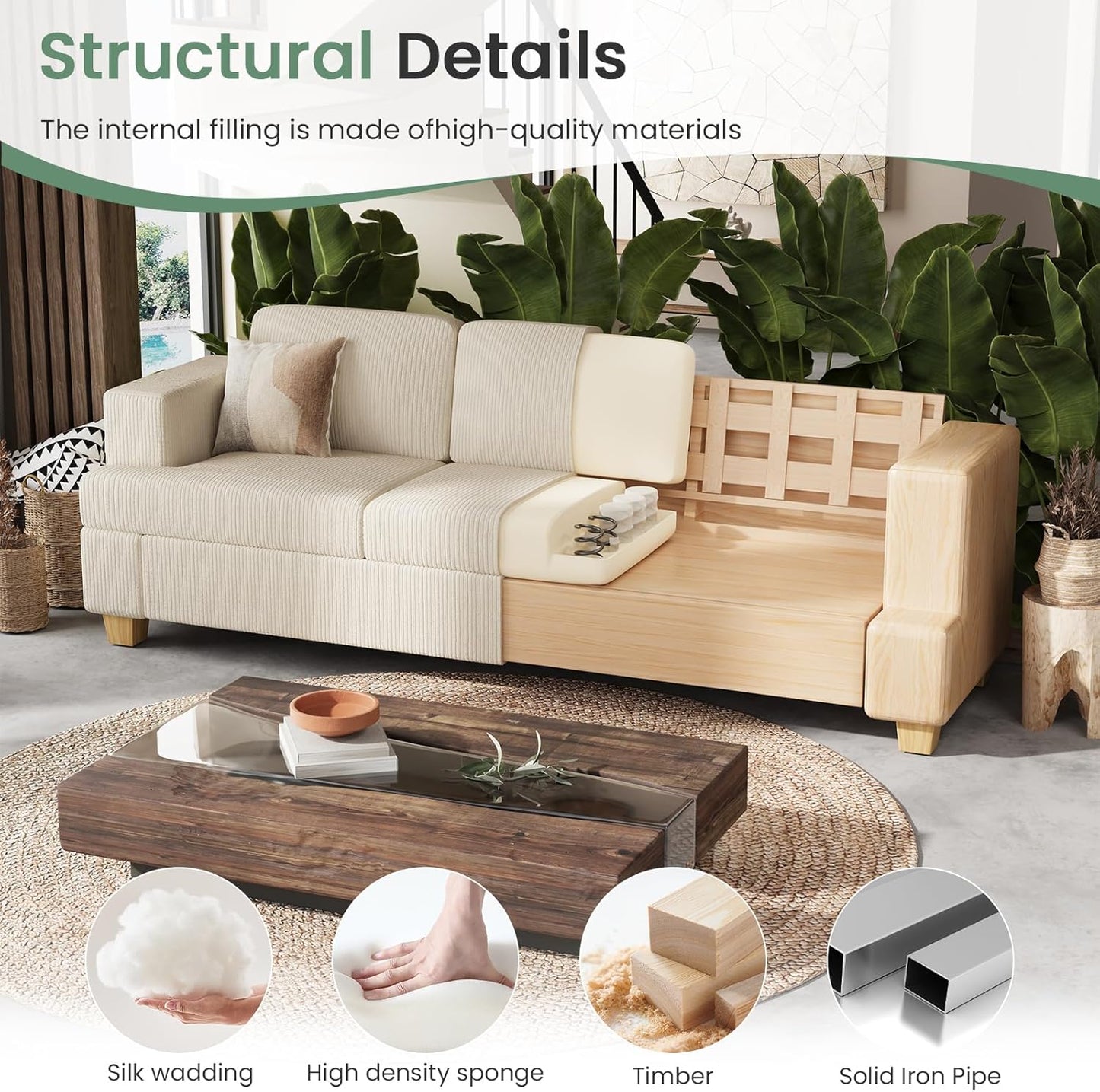 3 Pieces Corduroy Couch Set for Living Room, 3 Seater & Loveset*2 Cloud Sofa, Deep Seat Floor Couch for Bedroom, Futon Modern Sofa Bed, White Corduroy